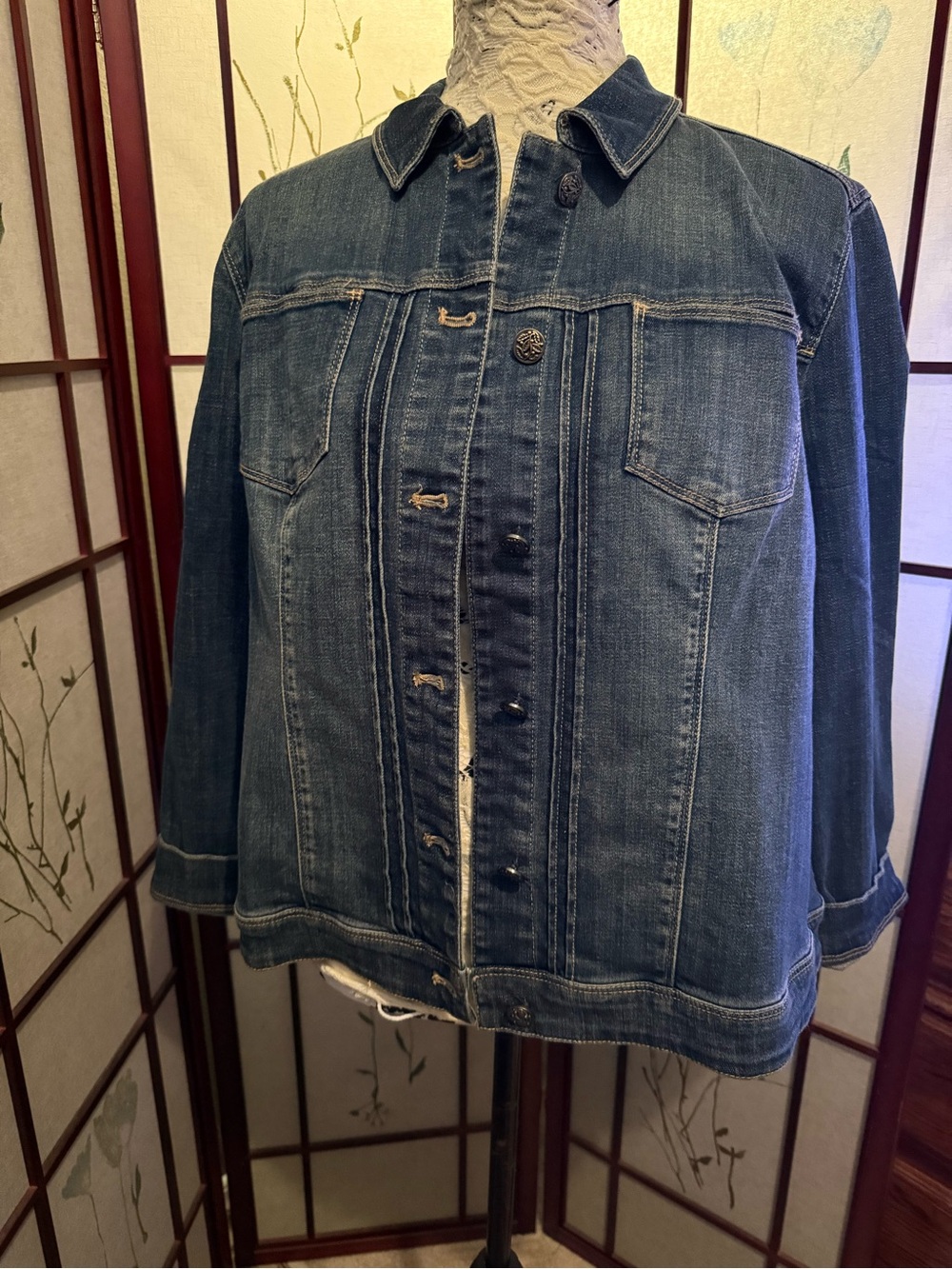 Chico's Medium Blue Denim Jacket with Contrast Stitching. Beautiful back
